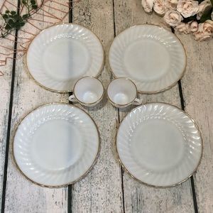 Vintage Anchor Hocking white milk glass plates cups gold trim USA holiday gift